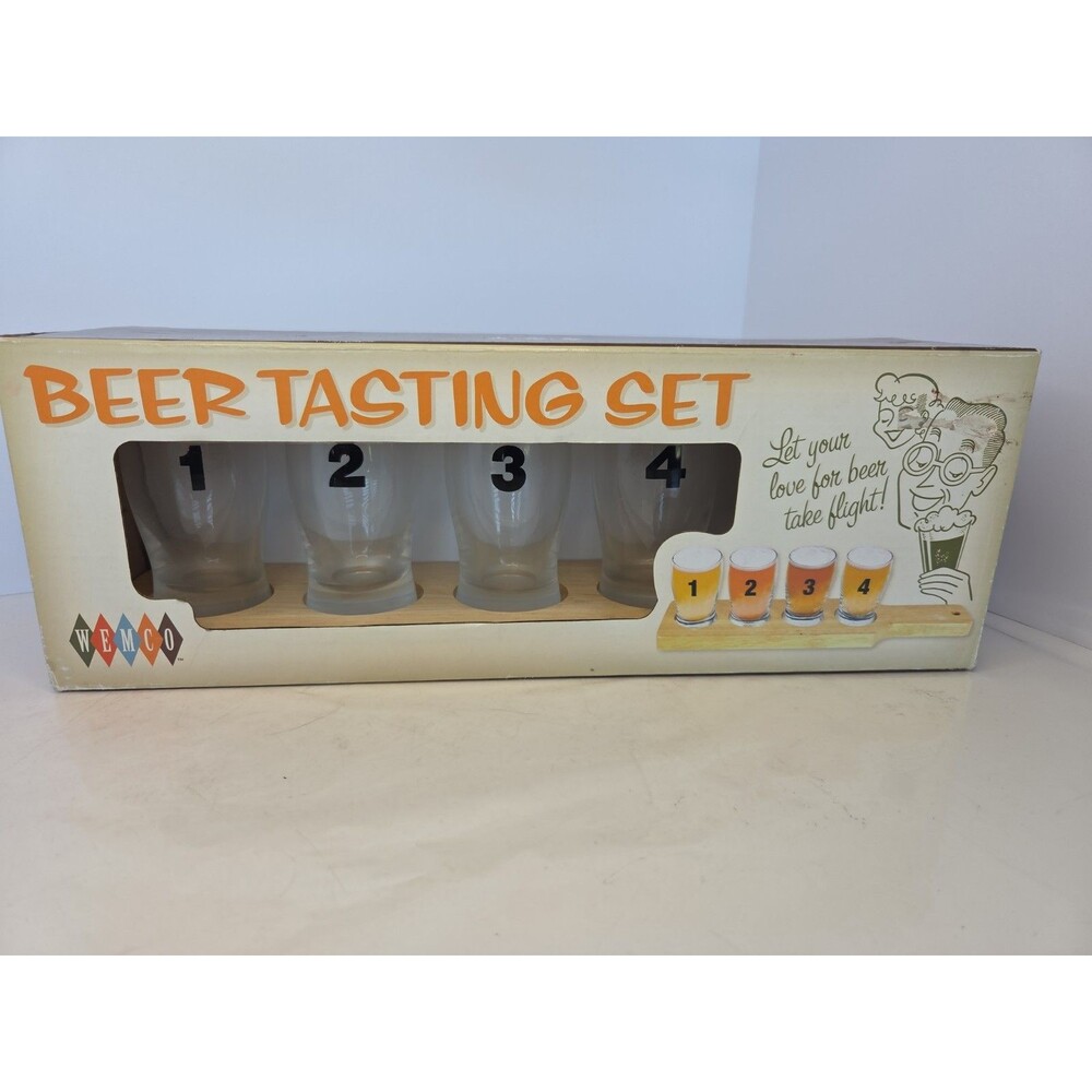 Vintage Wemco Beer Flight Tasting Set w/Wooden Flight Paddel & 4 Glasses New NIB